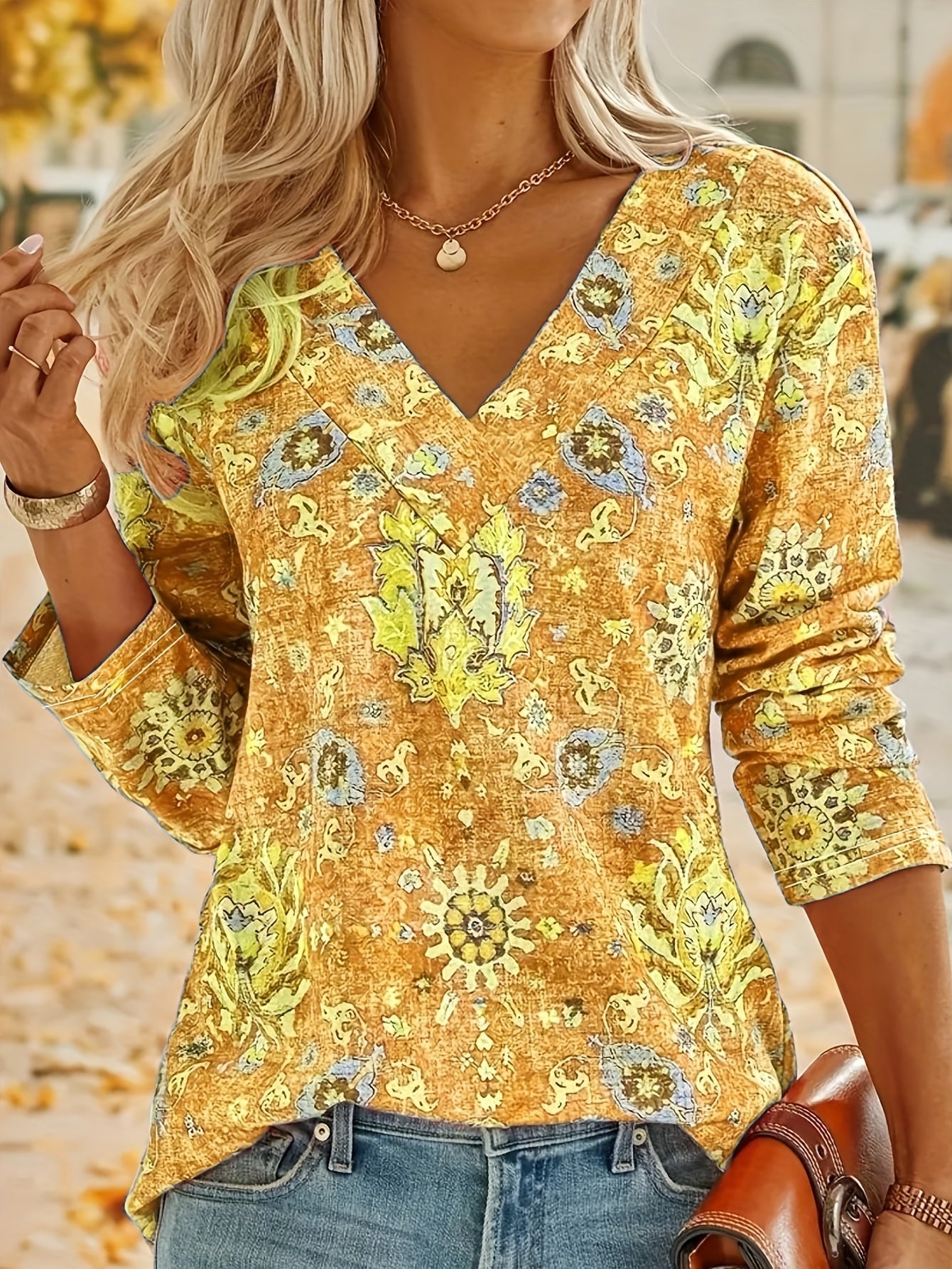 Rosaly - Stylish v-neck bohemian print long-sleeved blouse