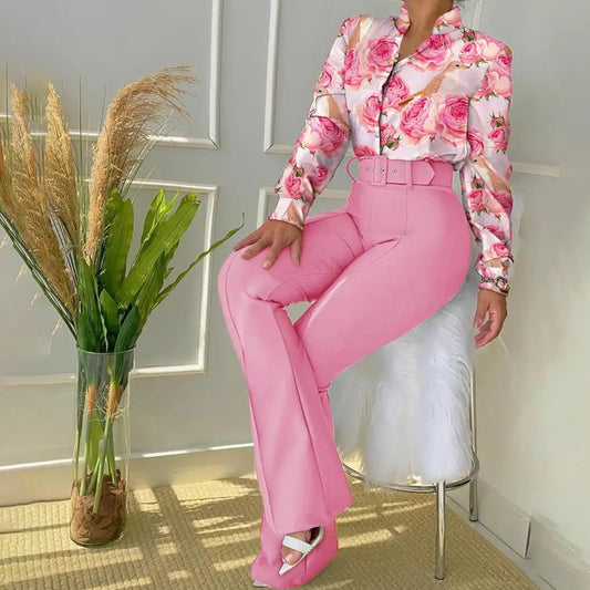 Lennea - Elegant printed long-sleeve polo and trousers set