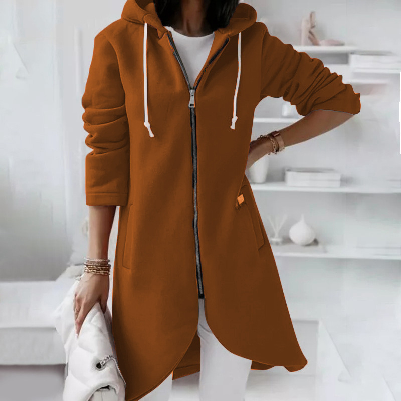 Darlene - Elegant long hooded zip-up jacket