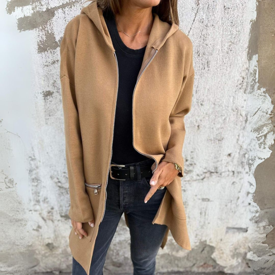 Adelle - Long warm hooded zip coat