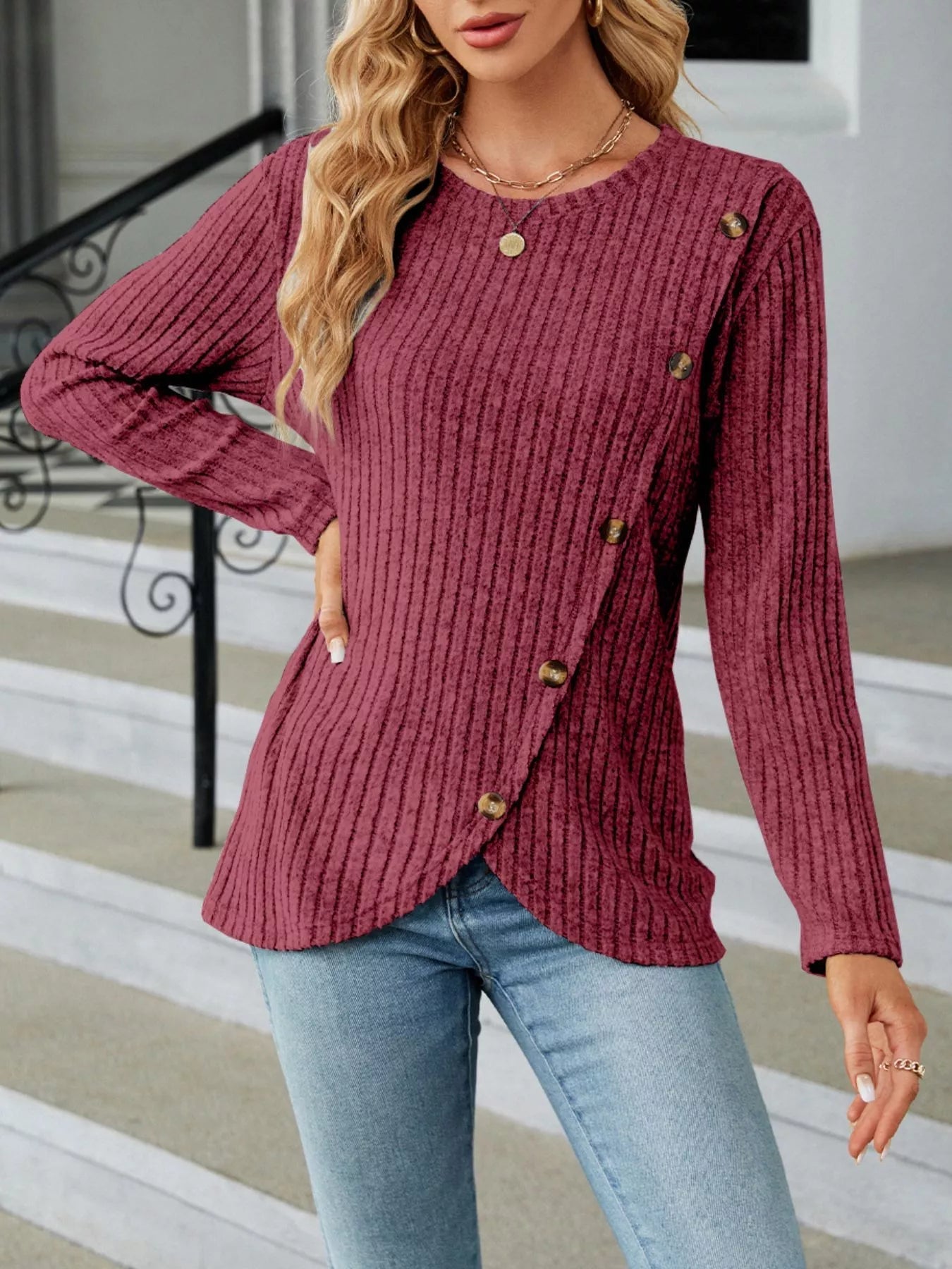 Alayna - Elegant Ribbed Buttoned Sweatshirt