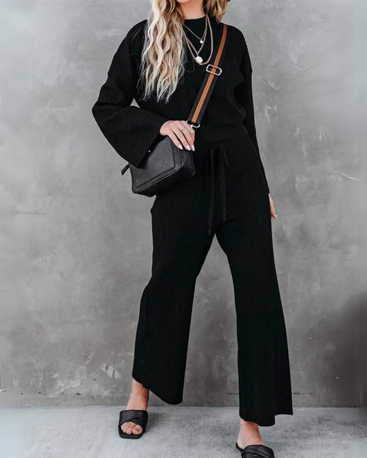 Verla - Elegant long-sleeve round neck top and trousers set