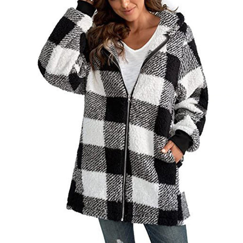 Women's Oversized Checked Jacket | Stylish, Warm, Versatile Hooded Design