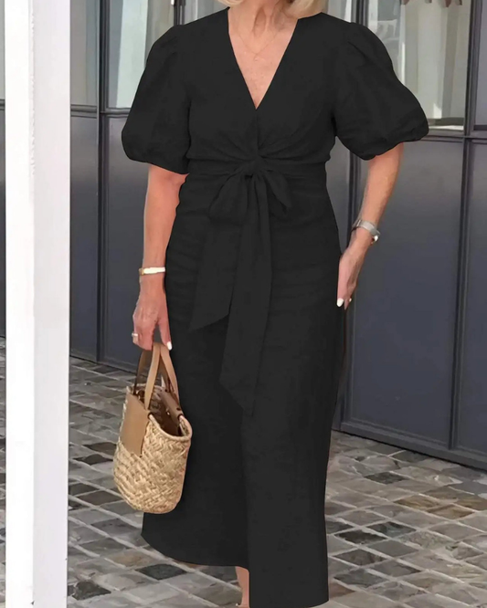 Narelle - Elegant casual dress with V-neck and puff sleeves
