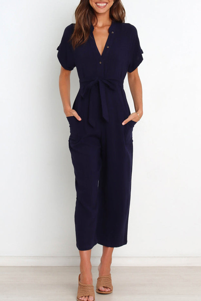 Yasley - Elegant button-front short-sleeve jumpsuit with V-neck and belt