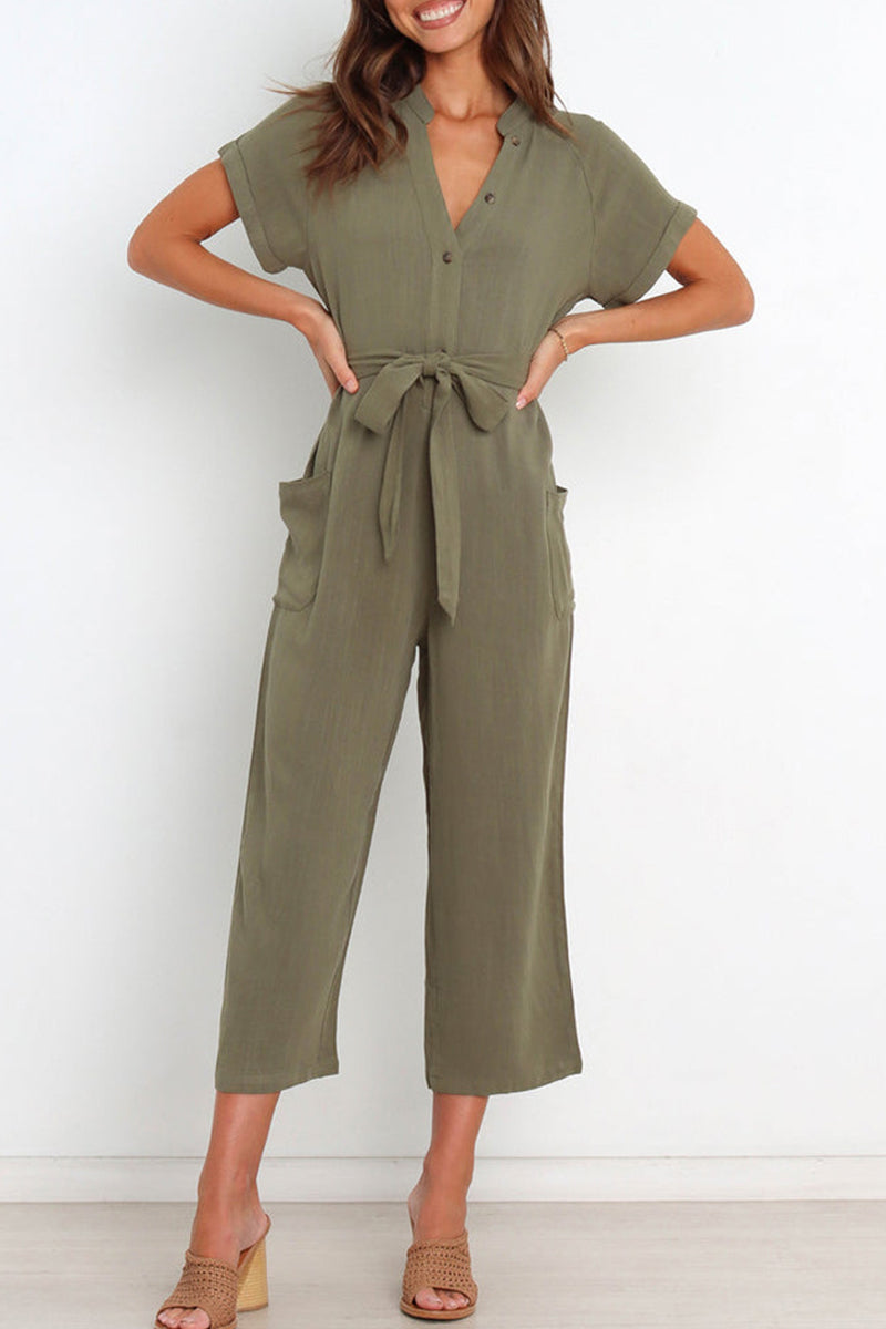 Yasley - Elegant button-front short-sleeve jumpsuit with V-neck and belt