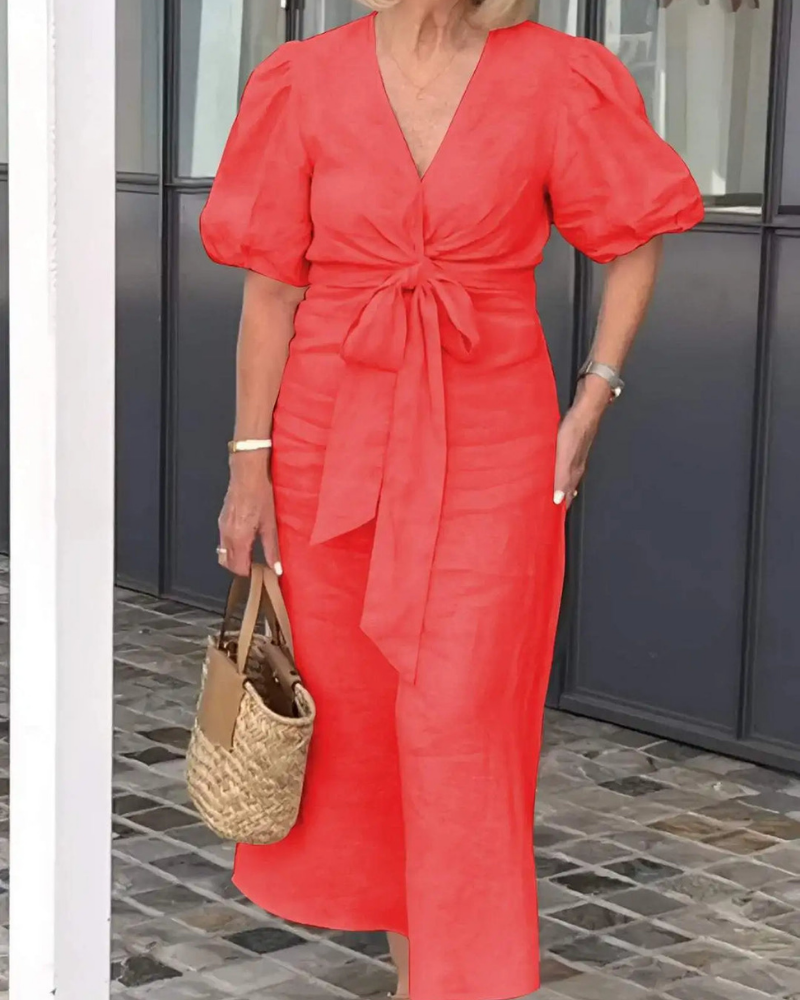 Narelle - Elegant casual dress with V-neck and puff sleeves