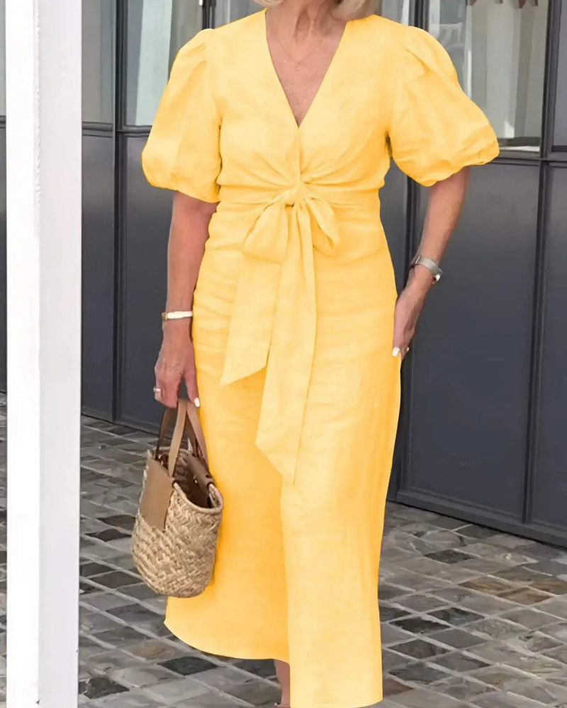 Narelle - Elegant casual dress with V-neck and puff sleeves