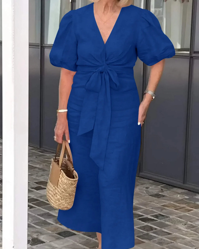 Narelle - Elegant casual dress with V-neck and puff sleeves