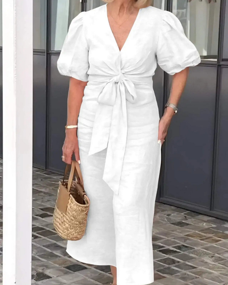 Narelle - Elegant casual dress with V-neck and puff sleeves