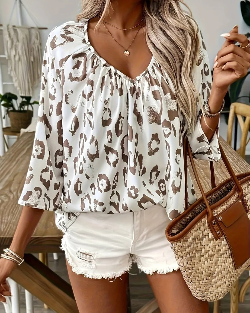 Xylaine - Elegant loose-fit leopard print V-neck long-sleeve blouse