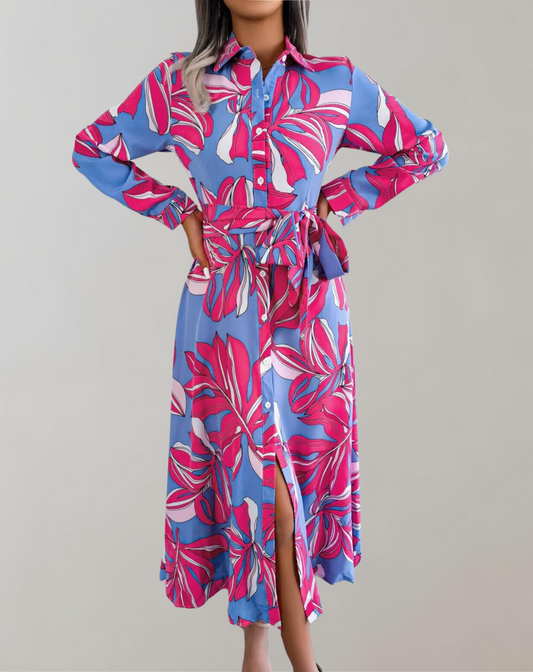 Rhosyn - Elegant buttoned long-sleeve dress with belt