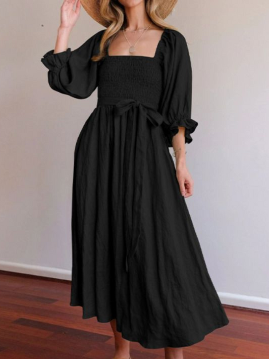 Liza - Stylish ruffle lantern-sleeve dress with drawstring belt