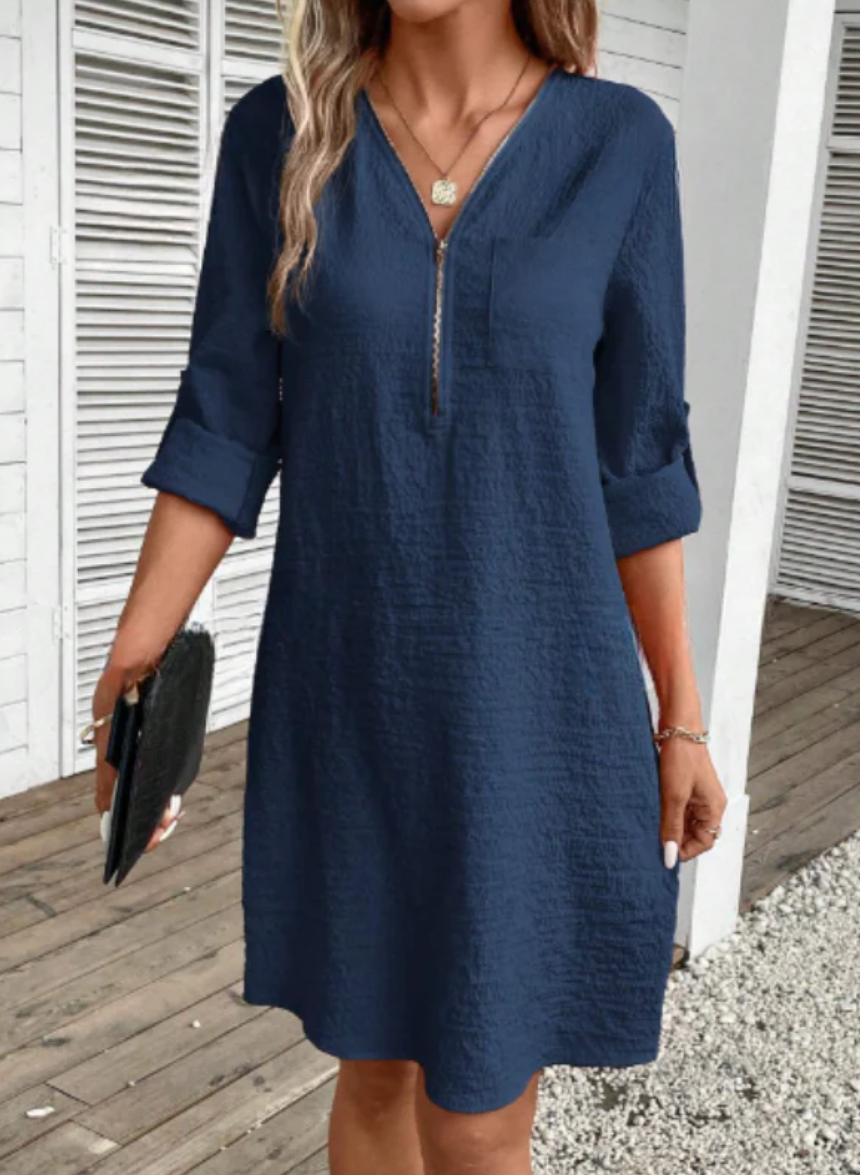 Xyrille - Casual half-sleeve dress with zip detail and V-neck