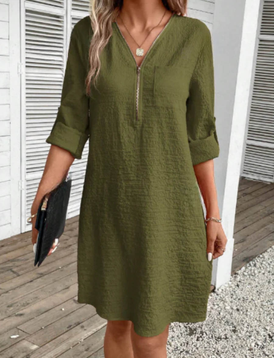 Xyrille - Casual half-sleeve dress with zip detail and V-neck
