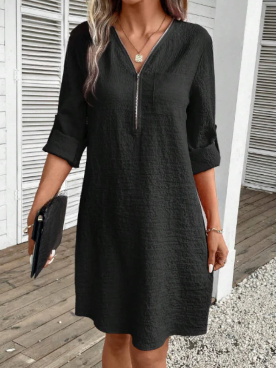 Xyrille - Casual half-sleeve dress with zip detail and V-neck