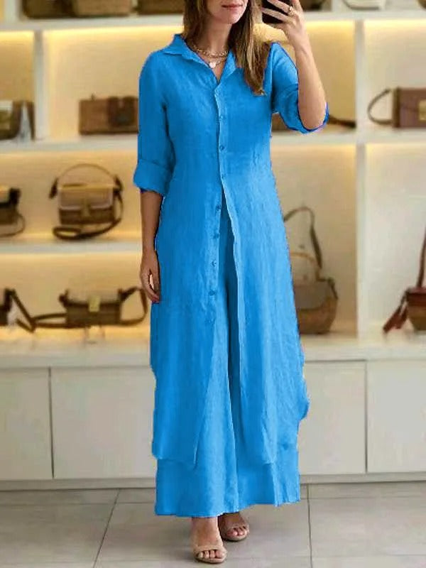Sunniva - Casual linen buttoned maxi dress and wide-leg trousers set