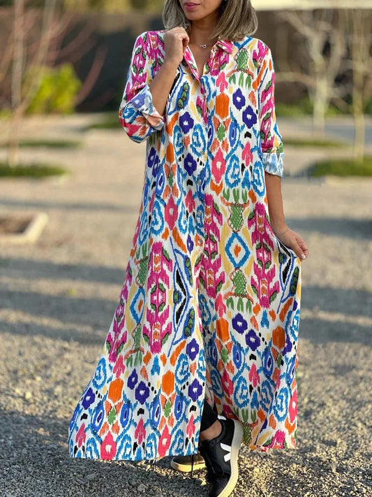 Jamella - Elegant long-sleeve maxi dress with ethnic print