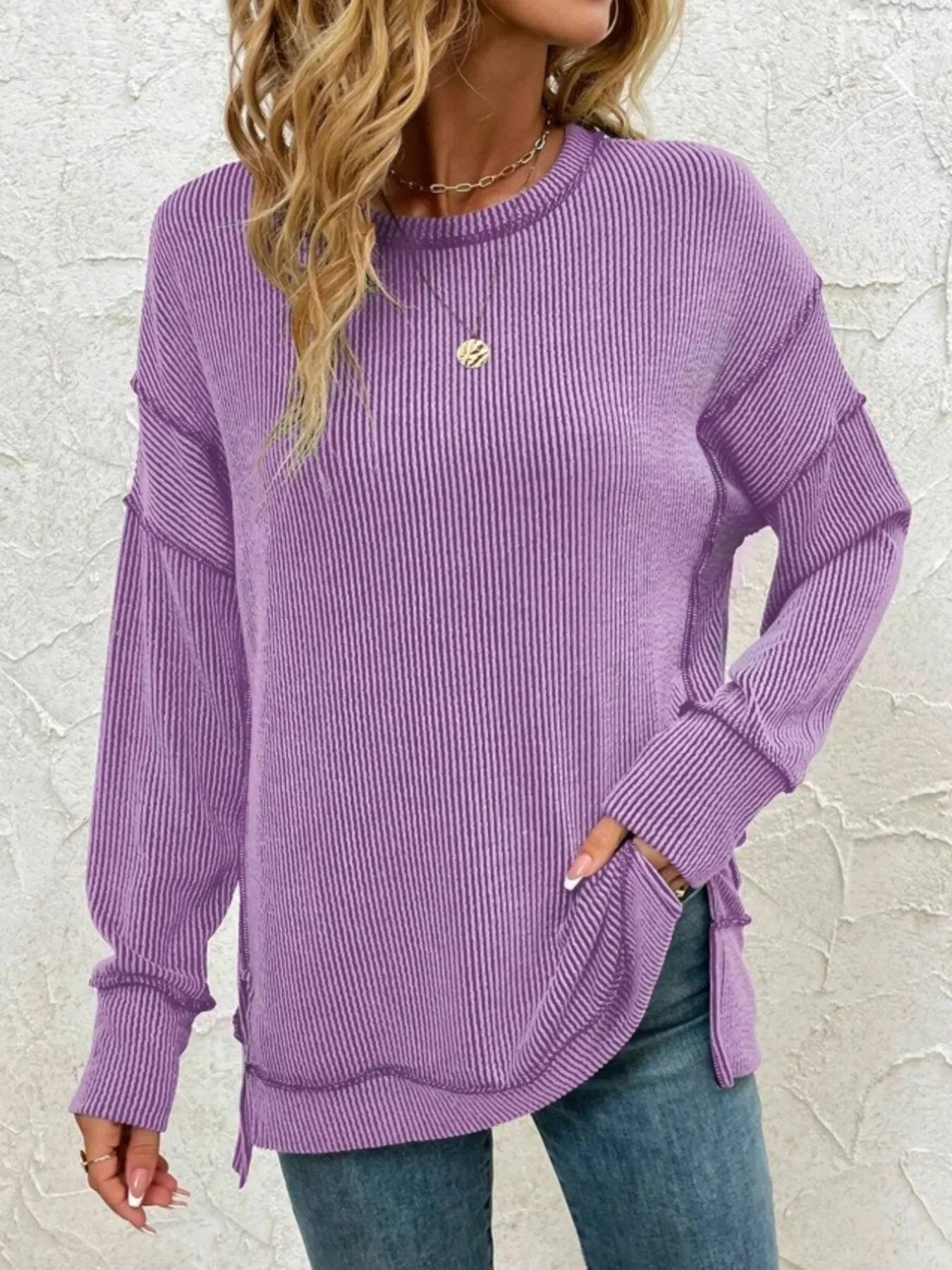 Aimy - Elegant Round-Neck Striped Jumper with Side Slit
