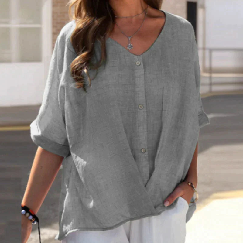 Ninette - Loose button-up blouse with V-neck