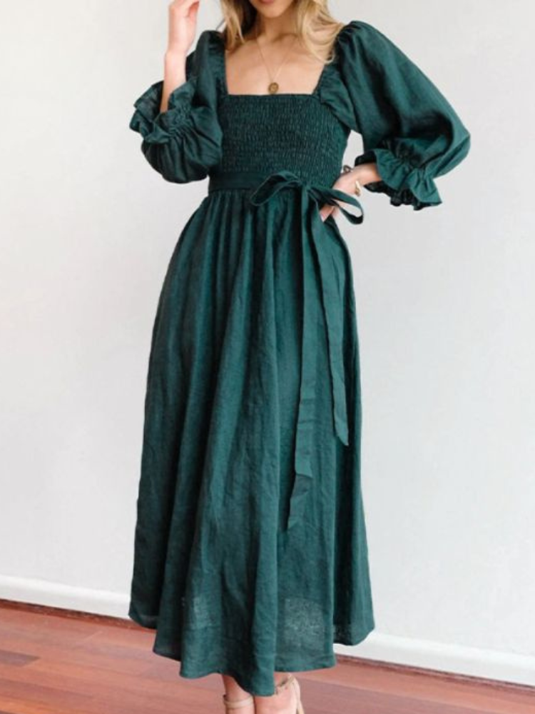 Liza - Stylish ruffle lantern-sleeve dress with drawstring belt
