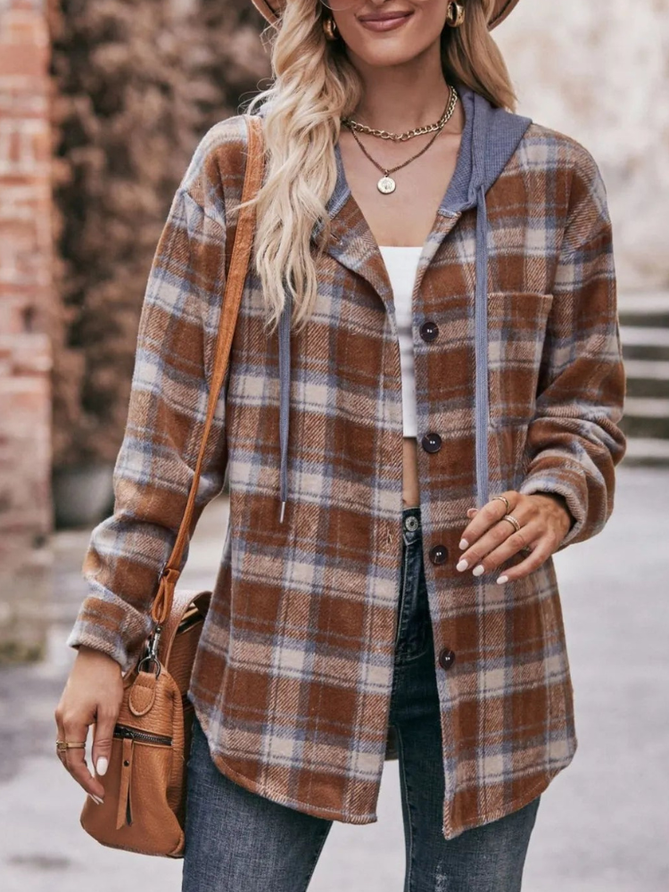 Lyraelle - Oversized checked hoodie jacket with buttons