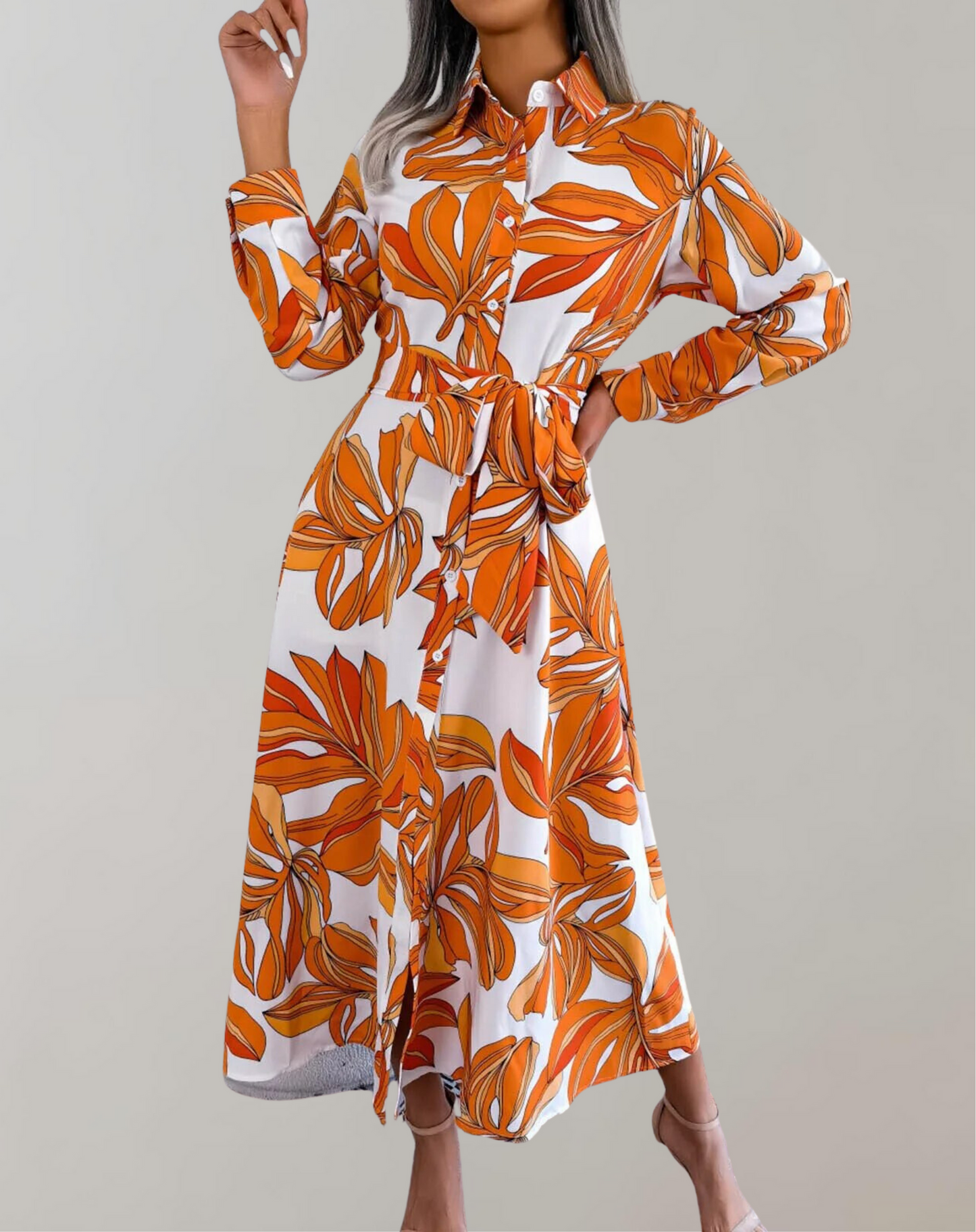 Rhosyn - Elegant buttoned long-sleeve dress with belt