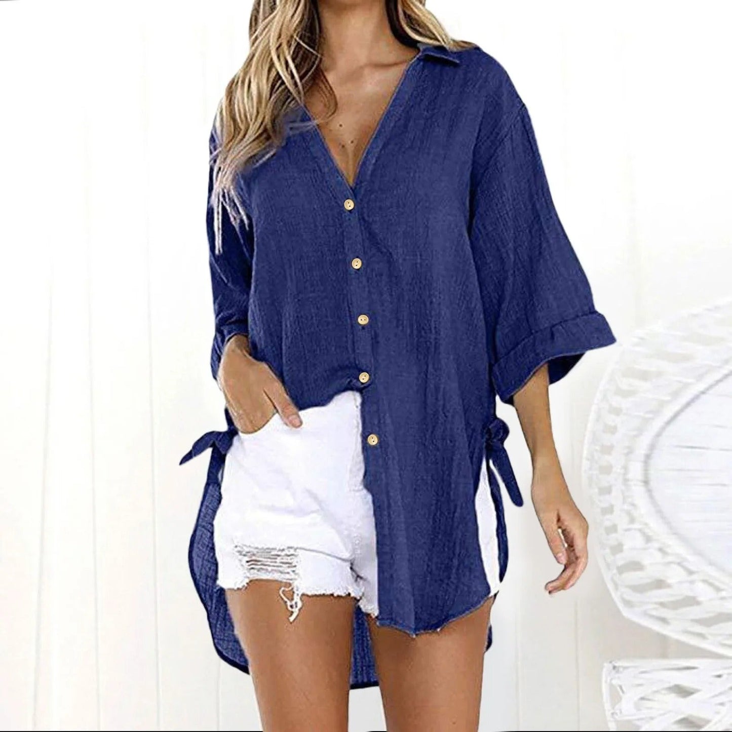 Karmella - Casual loose-fit blouse with buttons and V-neck
