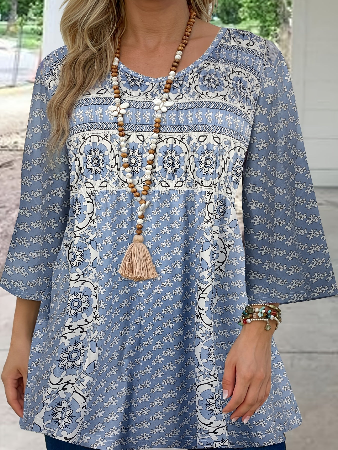 Patrisha - Elegant loose half-sleeve boho print blouse