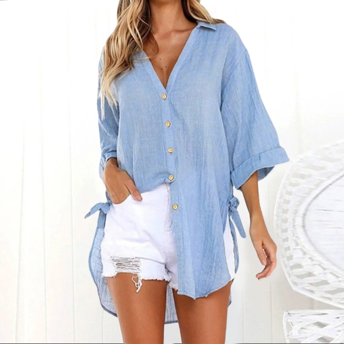 Karmella - Casual loose-fit blouse with buttons and V-neck