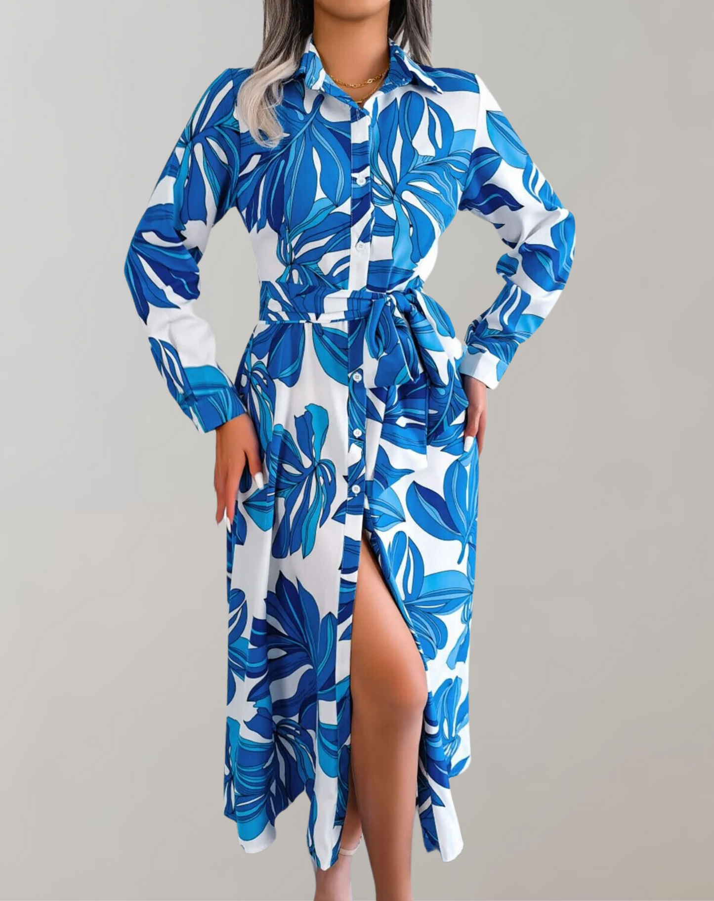 Rhosyn - Elegant buttoned long-sleeve dress with belt
