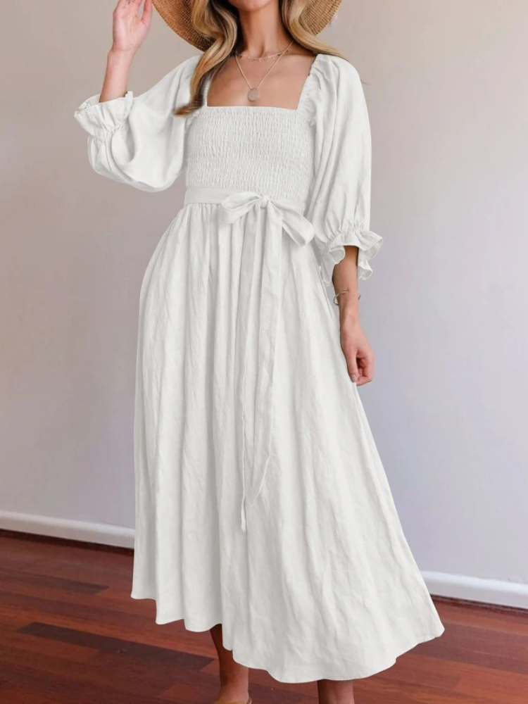 Liza - Stylish ruffle lantern-sleeve dress with drawstring belt