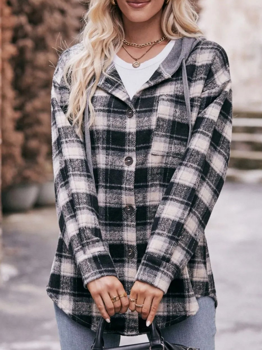 Lyraelle - Oversized checked hoodie jacket with buttons