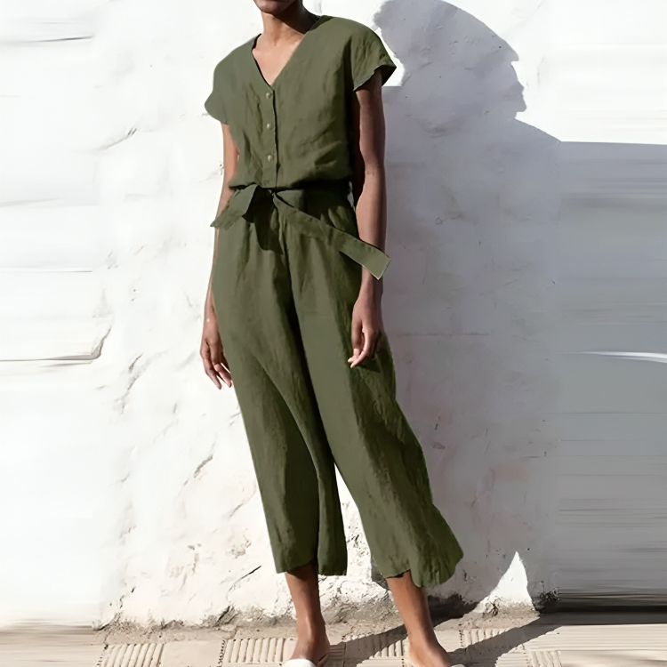 Lizzette - Casual short-sleeve V-neck straight-leg jumpsuit