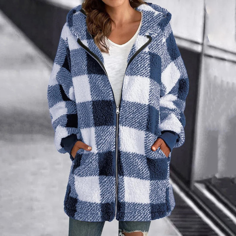 Women's Oversized Checked Jacket | Stylish, Warm, Versatile Hooded Design