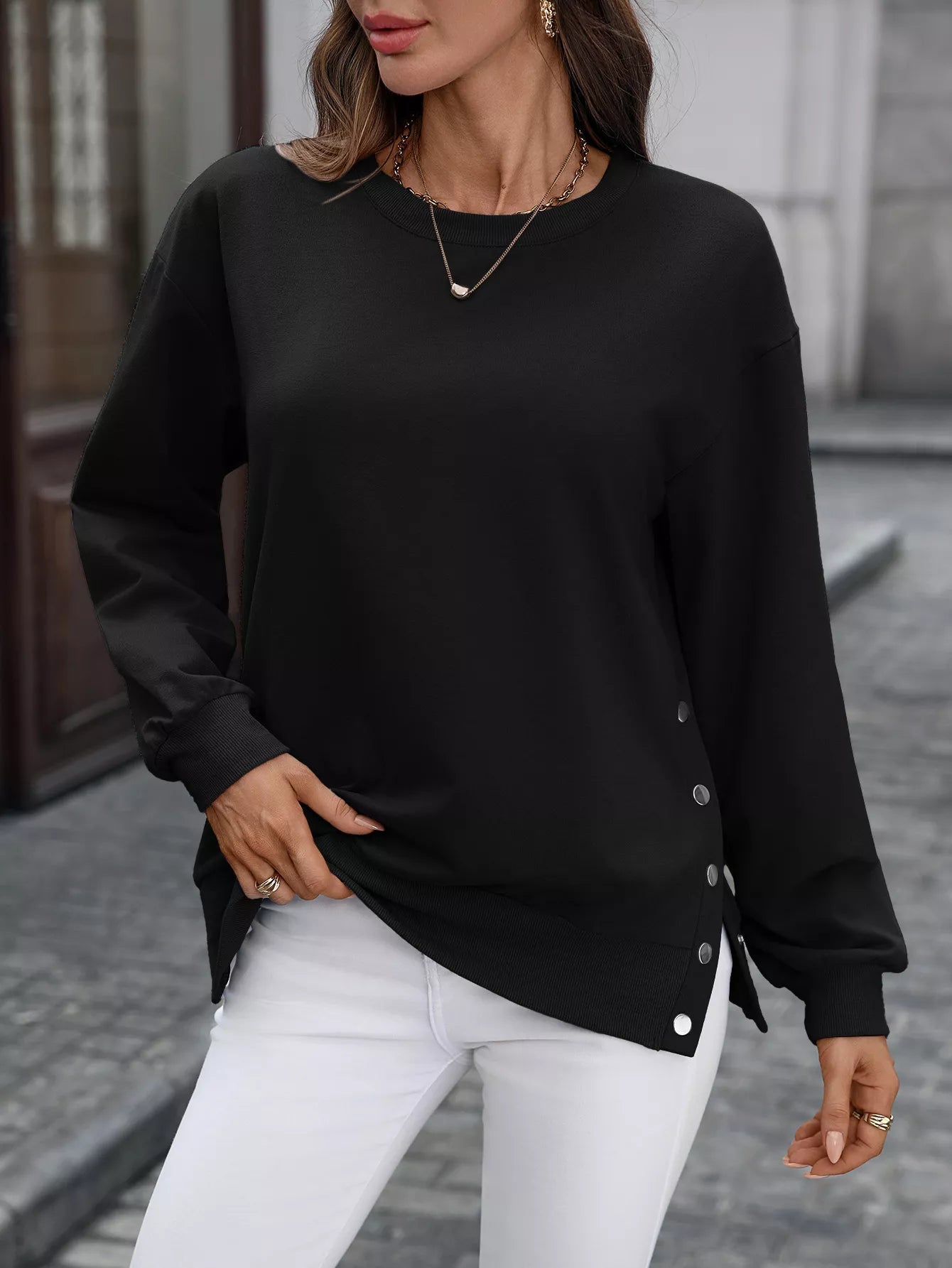 Zabina - Casual Loose Sweater with Side Buttons for Women