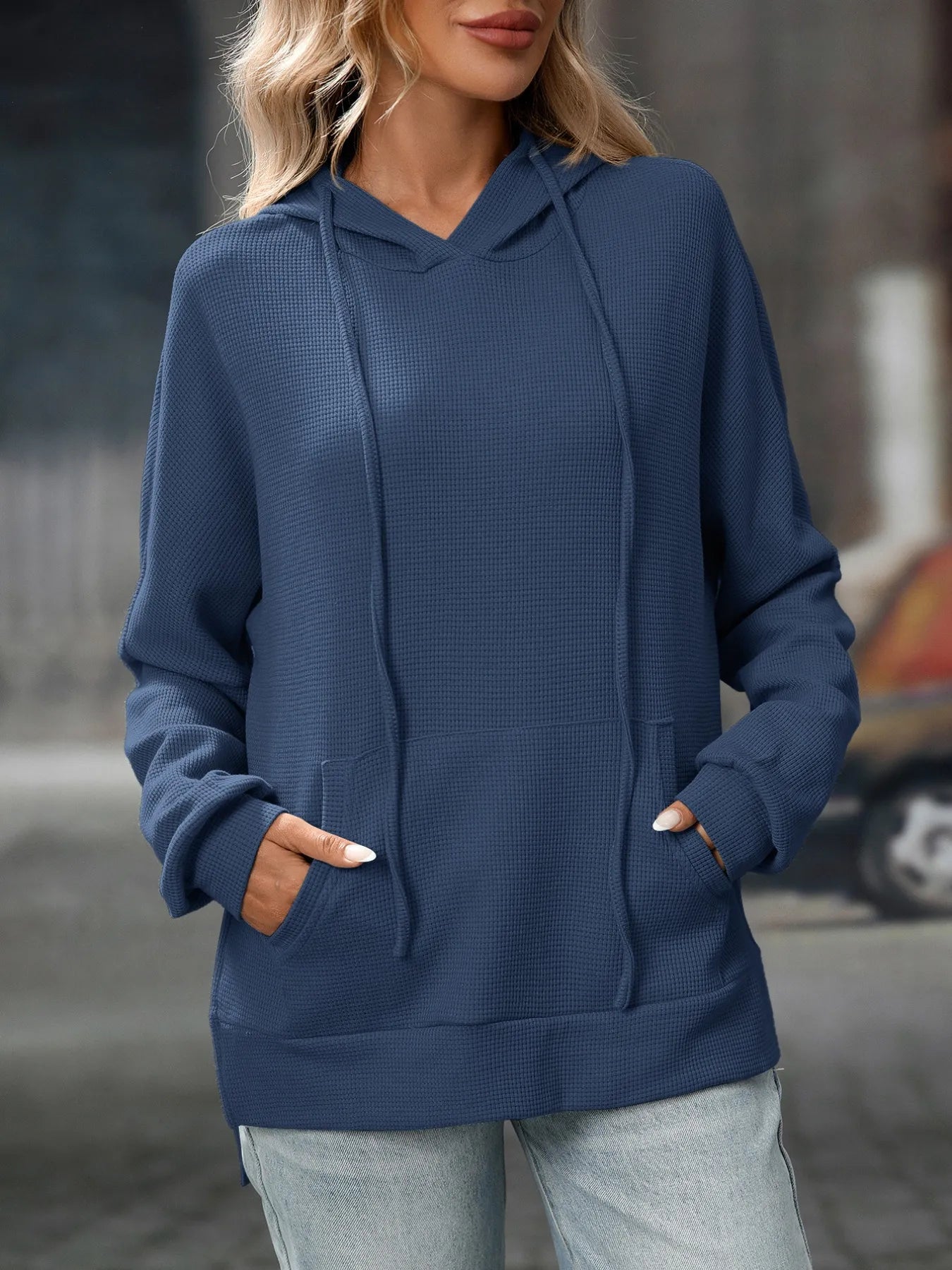 Thalina - Casual textured hoodie jacket with adjustable drawstring