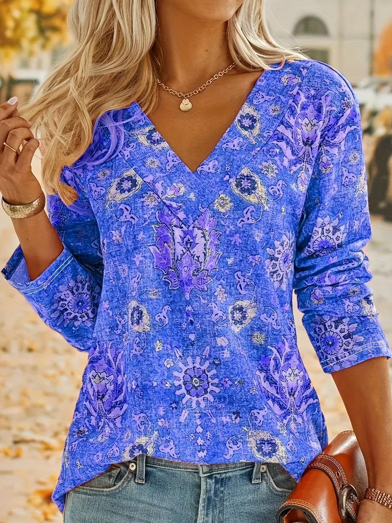 Rosaly - Stylish v-neck bohemian print long-sleeved blouse