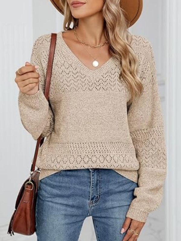 Gabby - Casual long sleeve V-neck eyelet jumper