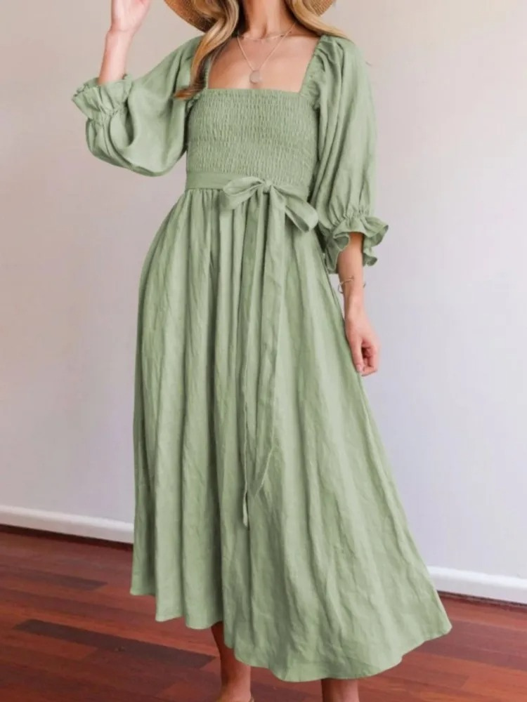 Liza - Stylish ruffle lantern-sleeve dress with drawstring belt