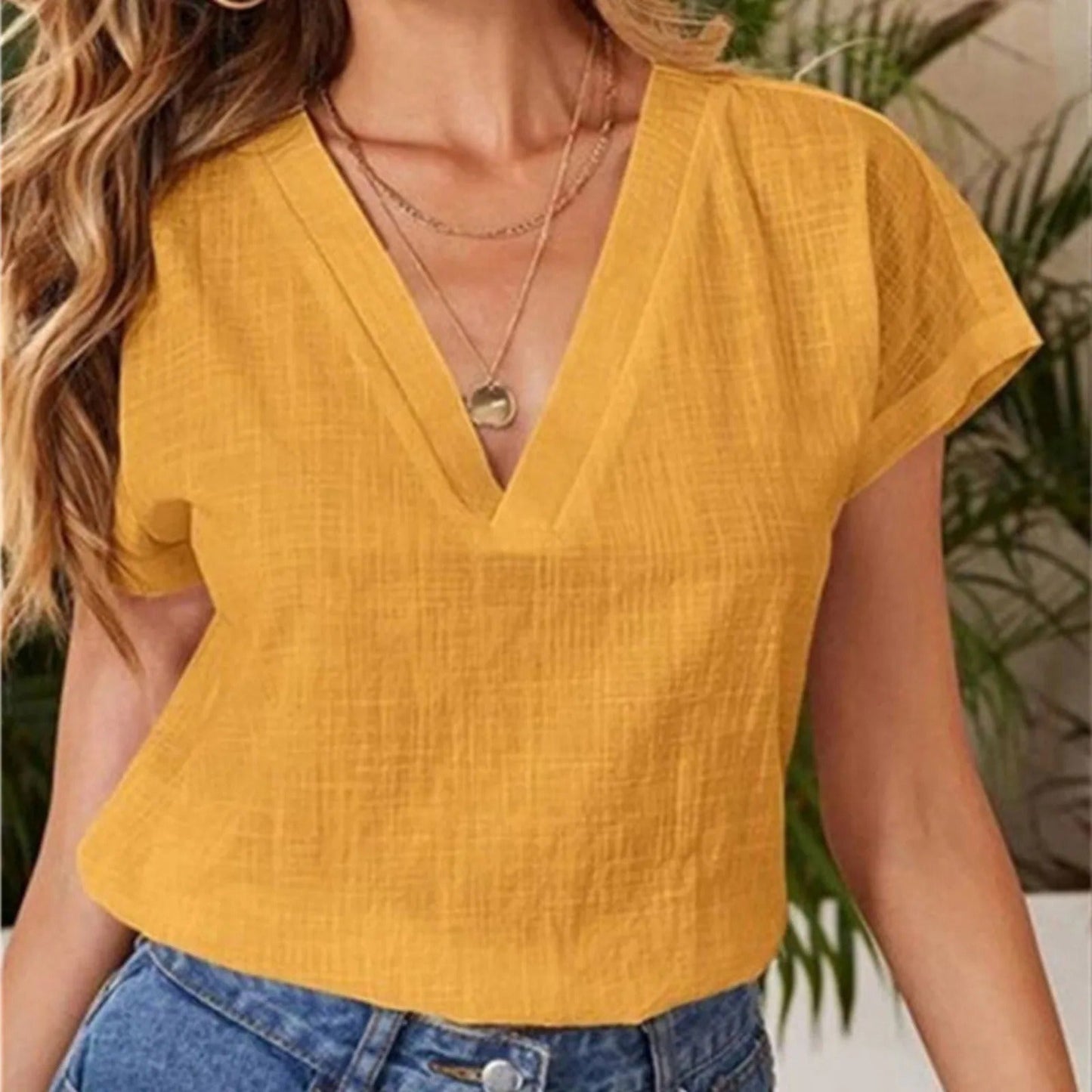 Lianna - Comfortable casual short-sleeve V-neck blouse