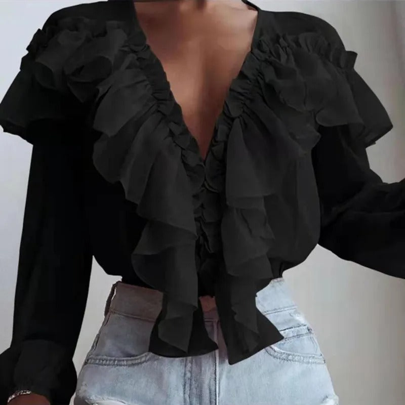 Nychelle - Elegant long-sleeve ruffle blouse with deep V-neck