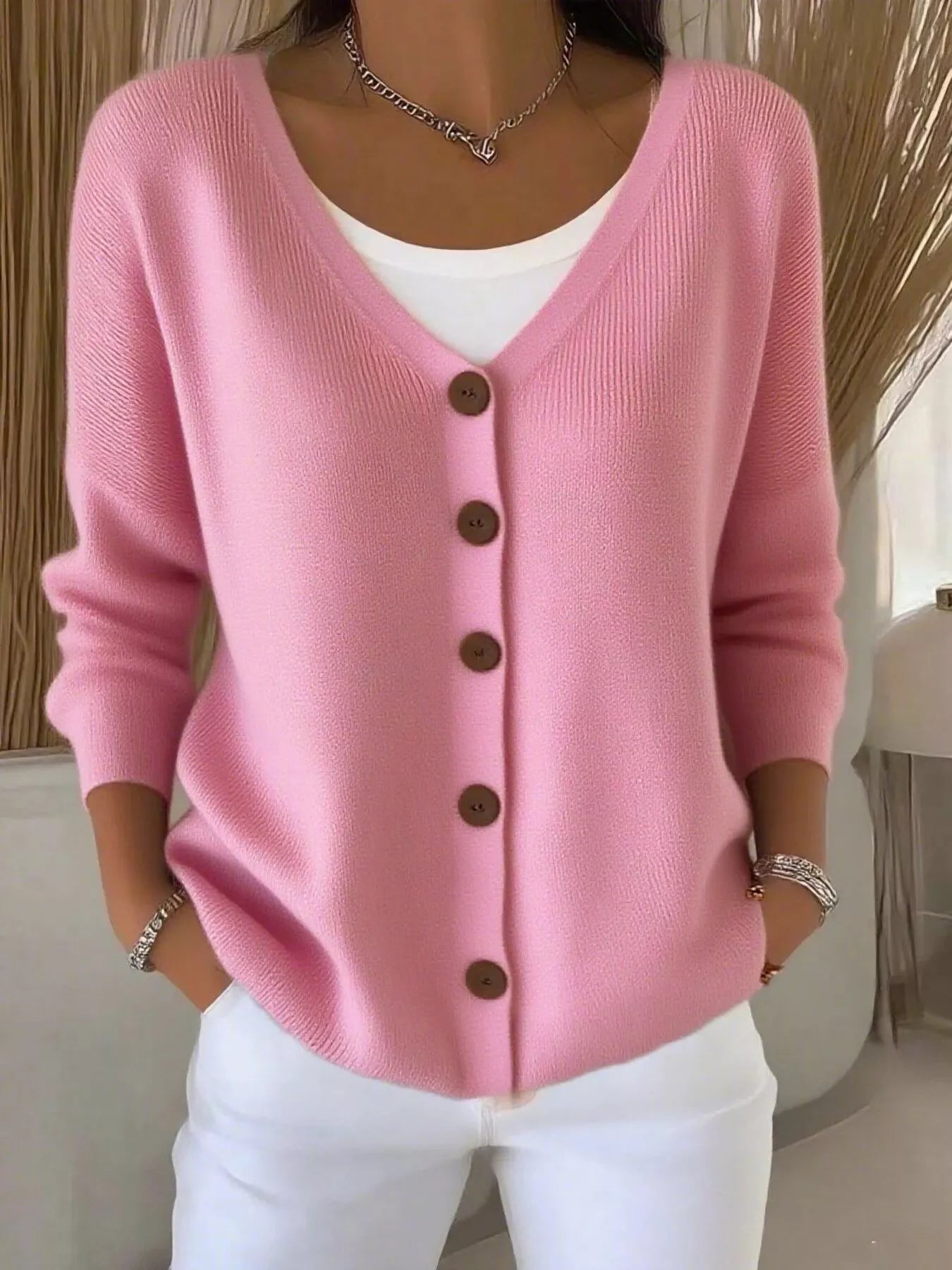 Adara - Elegant Button-Front V-Neck Cardigan