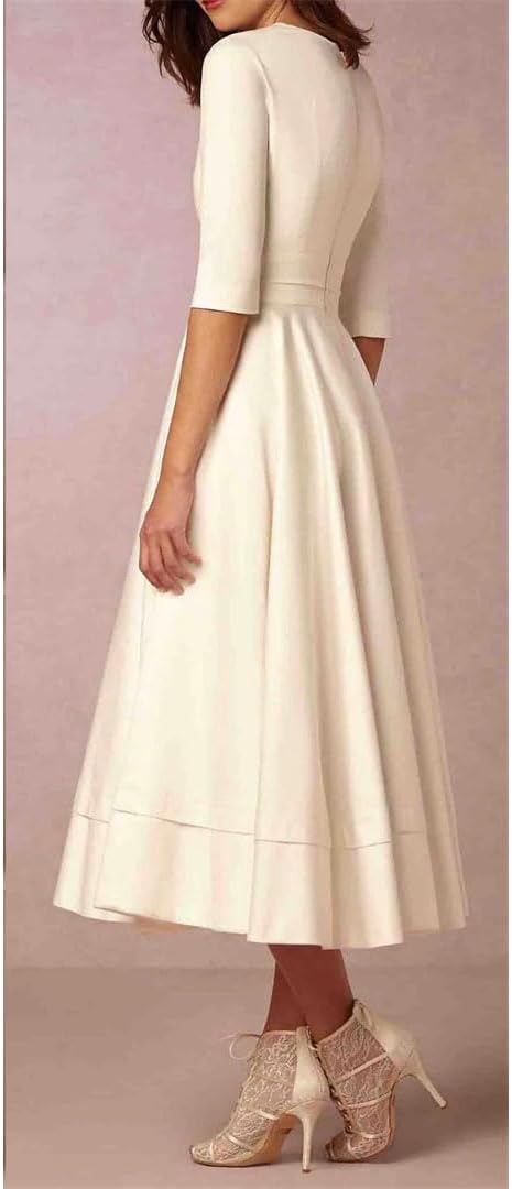 Women's Elegant A-Line Dress | Midi, Deep V-Neck