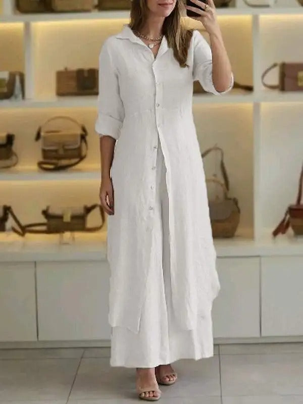 Sunniva - Casual linen buttoned maxi dress and wide-leg trousers set
