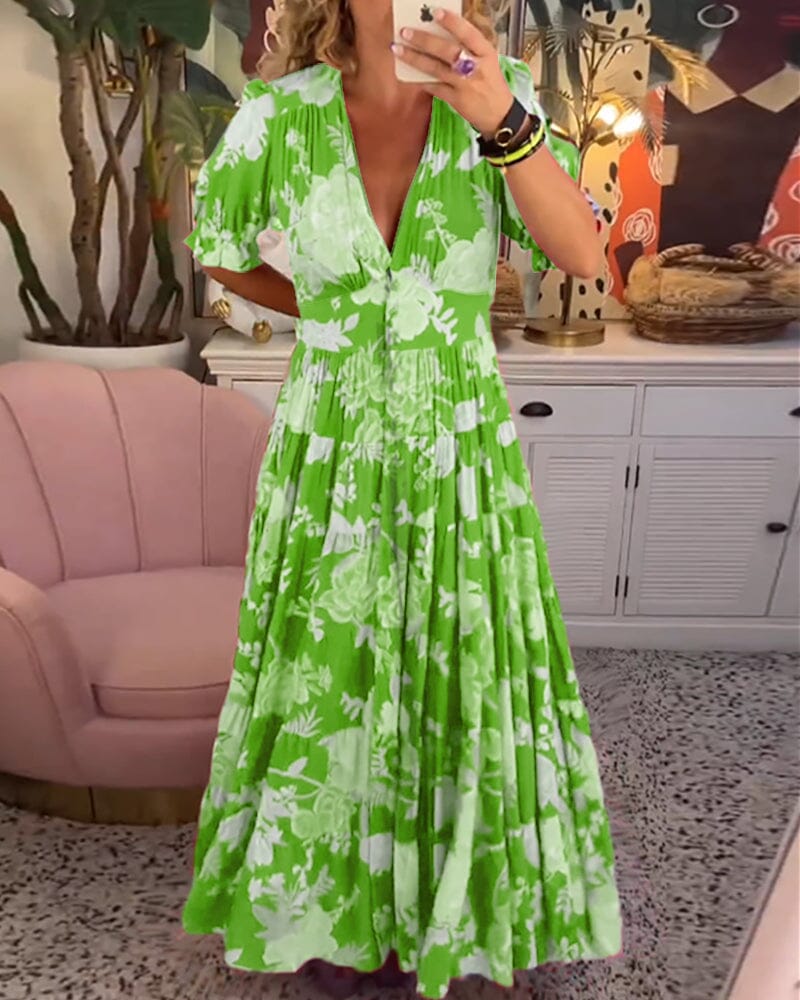 Vannessa - Elegant long floral dress with deep V-neck