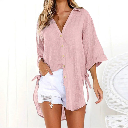 Karmella - Casual loose-fit blouse with buttons and V-neck