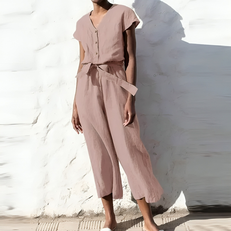 Lizzette - Casual short-sleeve V-neck straight-leg jumpsuit