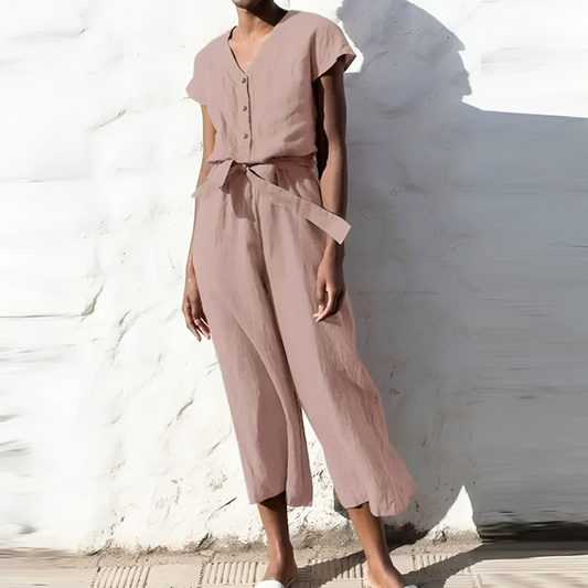 Lizzette - Casual short-sleeve V-neck straight-leg jumpsuit