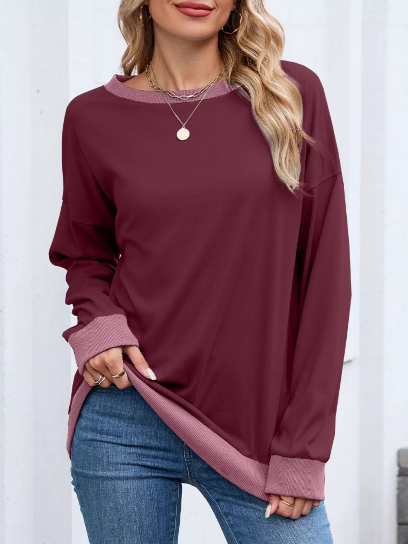 Danette - Casual Long-Sleeve Sweatshirt with Contrast Trim